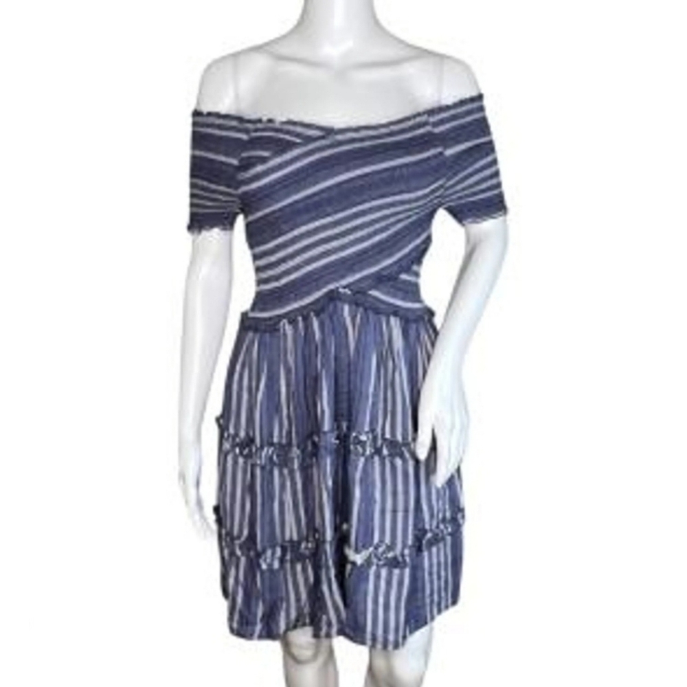 Japna Blue Stripe Ruched On Or Off Sleeve Tiered Ruffle Mini Dress Size Large
